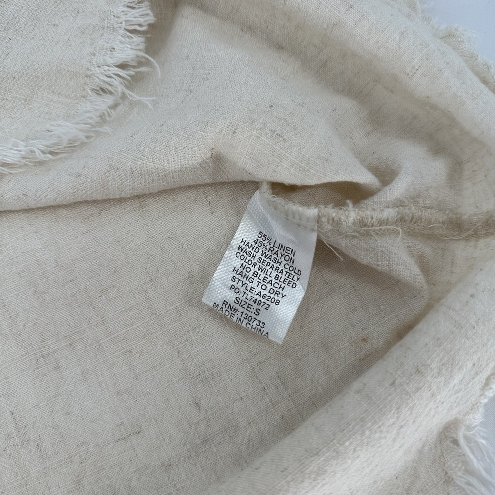 Umgee Sz S Oatmeal Beige Linen Blend Top Frayed Hem Shirt Rolled Cuff Sleeve - Picture 6 of 9